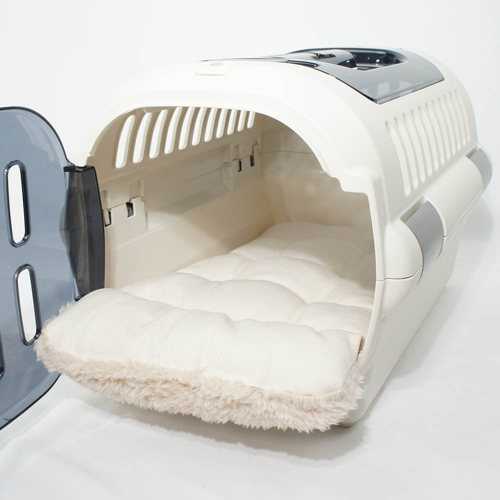 あごのせ縁無しクッション/クレートクッション カミカミ大好きちゃん用 ８号帆布生地 生成ファー Sサイズ