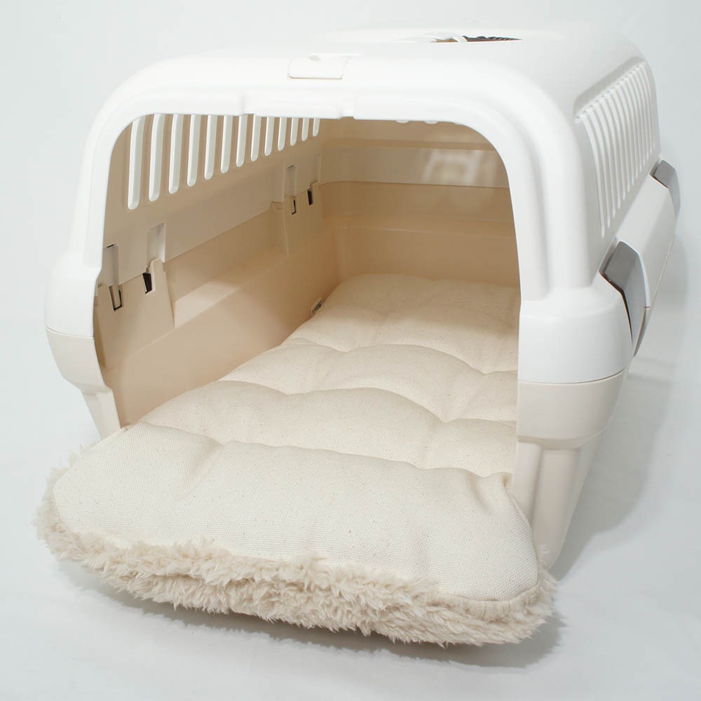 あごのせ縁無しクッション/クレートクッション カミカミ大好きちゃん用 ８号帆布生地 生成ファー Sサイズ