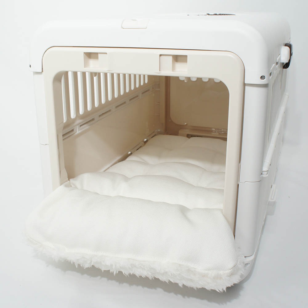 あごのせ縁無しクッション/クレートクッション カミカミ大好きちゃん用 ８号帆布生地 オフホワイトファー Sサイズ