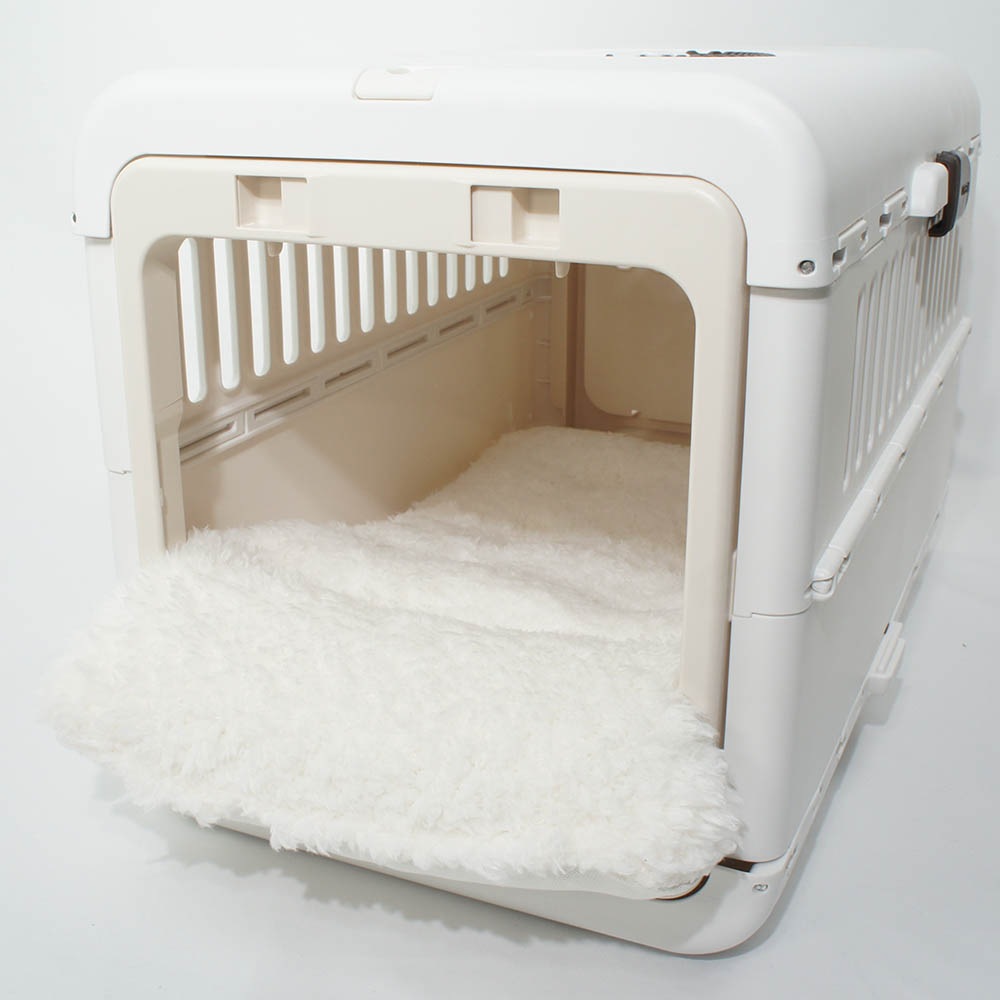 あごのせ縁無しクッション/クレートクッション カミカミ大好きちゃん用 ８号帆布生地 オフホワイトファー Sサイズ