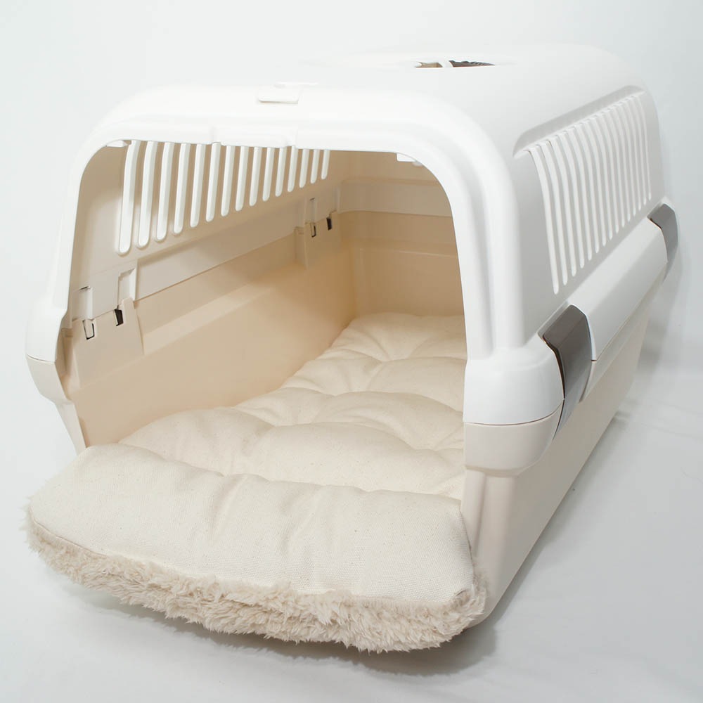 あごのせ縁無しクッション/クレートクッション カミカミ大好きちゃん用 ８号帆布生地 生成ファー Mサイズ