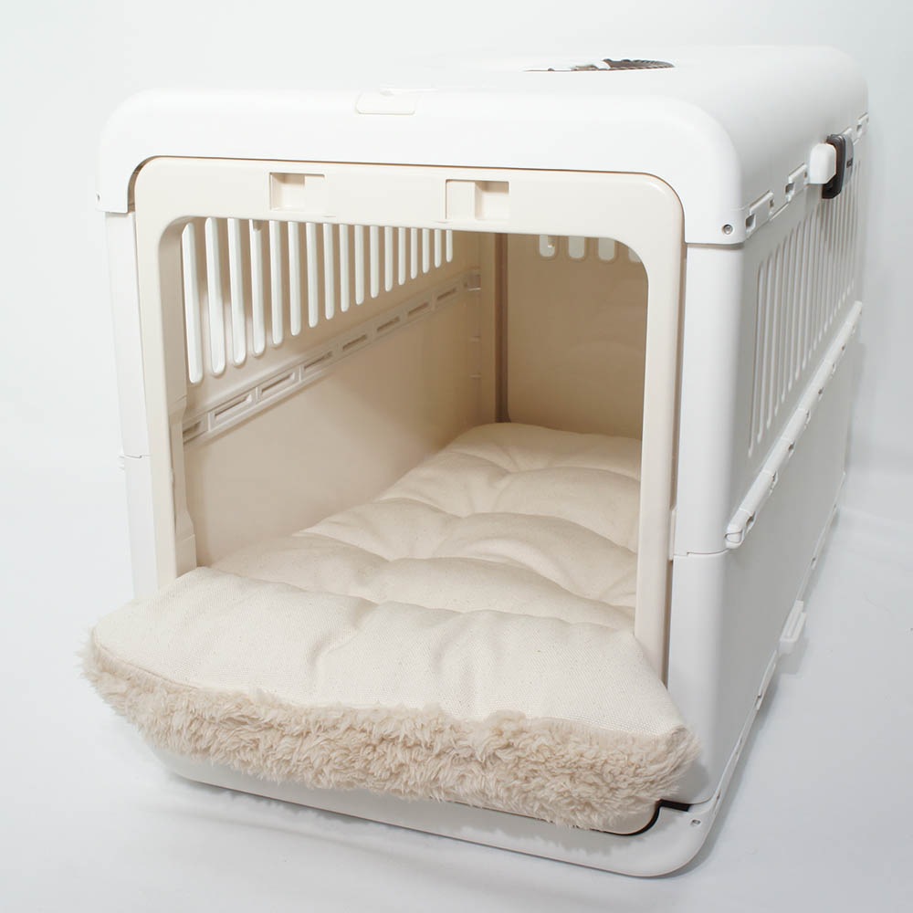 あごのせ縁無しクッション/クレートクッション カミカミ大好きちゃん用 ８号帆布生地 生成ファー Mサイズ