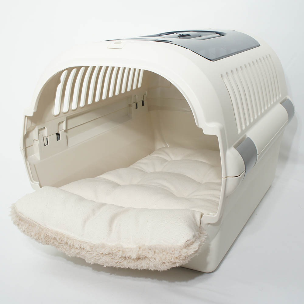 あごのせ縁無しクッション/クレートクッション カミカミ大好きちゃん用 ８号帆布生地 生成ファー Mサイズ