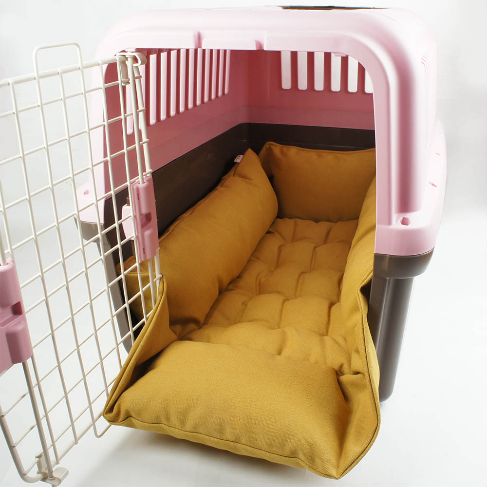 ペットが喜ぶ キャリークッションベッド/クレートクッション 丈夫なビンテージ11号帆布生地 マスタード（両面帆布） Ｌサイズ