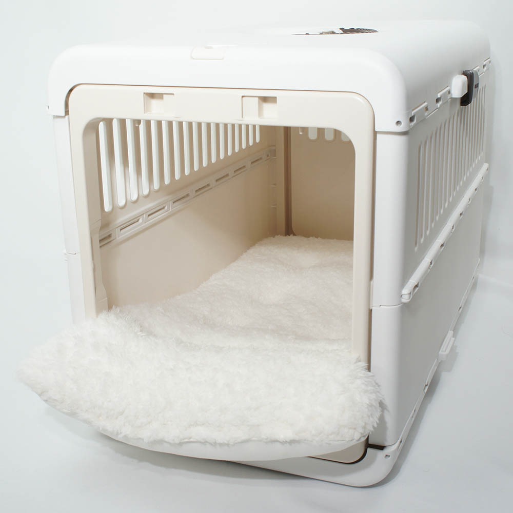 あごのせ縁無しクッション/クレートクッション カミカミ大好きちゃん用 ８号帆布生地 オフホワイトファー Mサイズ