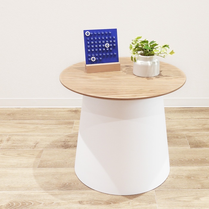 オーク調 ウッド天板 ラウンドテーブル 直径49cm 高さ42.5cm ホワイト