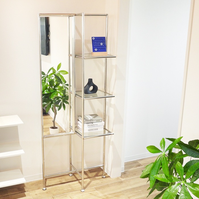 スタンドミラー オープンシェルフ付き スタンドミラー付き オープンシェルフ ガラス板×スチールフレーム