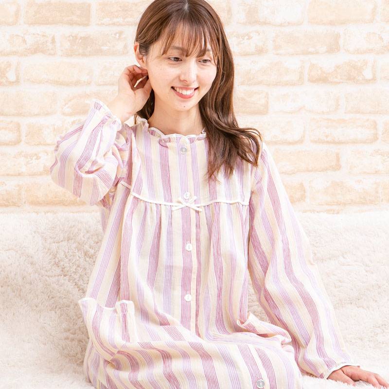 肌にやさしい綿100％ダブルガーゼ地 パジャマ レディース 長袖 前開き S/M/L/LL/3L/4L 入院準備 春初秋向き ナイトウェア ルームウェア  - パジャマ・部屋着のケーズアイ [SEINIES] ダブルガーゼ パジャマ レディース 七分袖 楊柳ガーゼ 綿100% ルームウェア 夏 涼しい 春 上下セット V