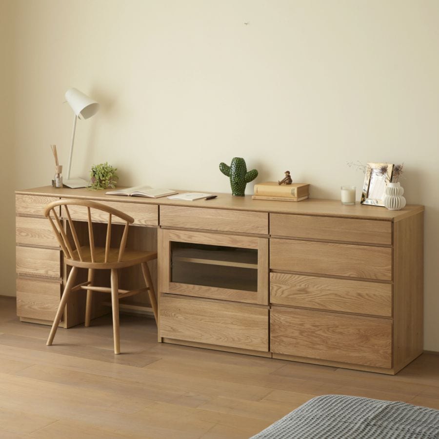 ASTER アスター DESK SET11 オーク (210天板 + 30チェスト + 60デスク + 60ガラス扉 + 60チェスト) ※チェア別売 