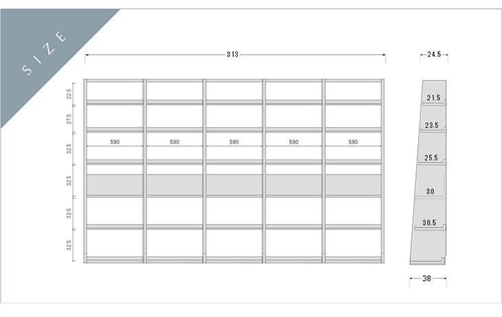 GALLE 65 本棚 (右加工あり) + 59 本棚 パーツ + 65 本棚 (左右加工あり) + 59 本棚 パーツ + 65 本棚 (左加工あり) 幅 313cm