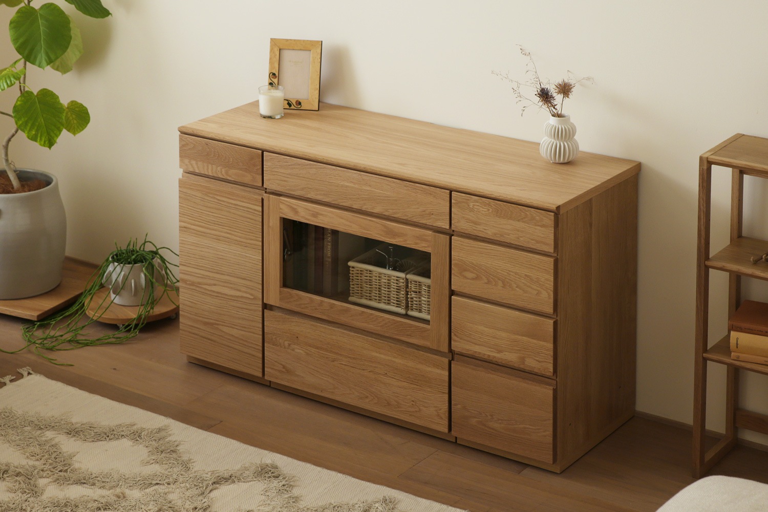 ASTER アスター LIVING SET4 オーク (120天板 + 30キャビネット + 60ガラス扉 + 30チェスト)