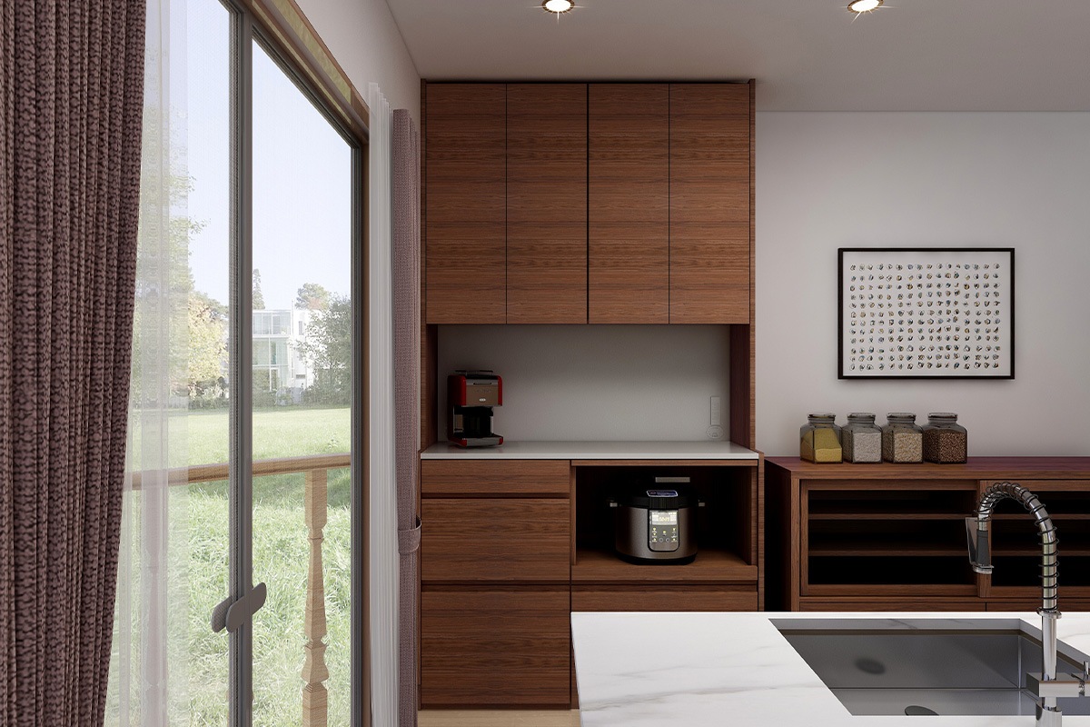 HARVEST SET7 オーダー天板 (幅126cm) ＋ 下台用サイドパネル (左右セット) ＋ 56 引出下台＋ 70 オープン下台 ＋ 上置き用バックパネル (幅126cm) + 上置き用高さオーダーサイドパネル (左右セット)+ 幅126cm 高さオーダー 3枚扉上置き オーク/ウォルナット