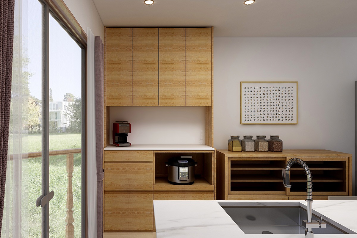 HARVEST SET7 オーダー天板 (幅126cm) ＋ 下台用サイドパネル (左右セット) ＋ 56 引出下台＋ 70 オープン下台 ＋ 上置き用バックパネル (幅126cm) + 上置き用高さオーダーサイドパネル (左右セット)+ 幅126cm 高さオーダー 3枚扉上置き オーク/ウォルナット