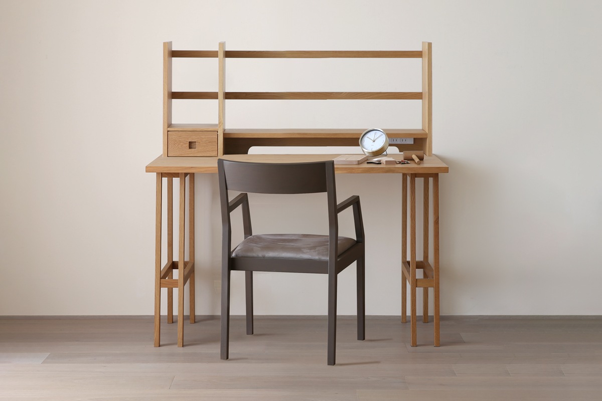 PLAIN DESK SET2 オーダー突板天板 (幅90cm奥行55cm)＋片脚パーツ 天板奥行き 55cm～70cm用 + 片脚パーツ 天板奥行き55cm～70cm用 + オーダー上置きタイプB (幅90cm)