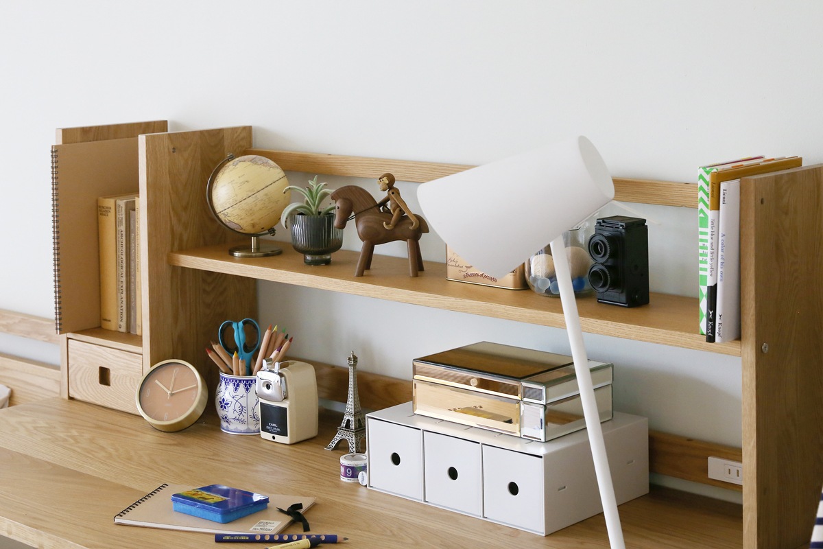 PLAIN DESK SET2 オーダー突板天板 (幅90cm奥行55cm)＋片脚パーツ 天板奥行き 55cm～70cm用 + 片脚パーツ 天板奥行き55cm～70cm用 + オーダー上置きタイプB (幅90cm)