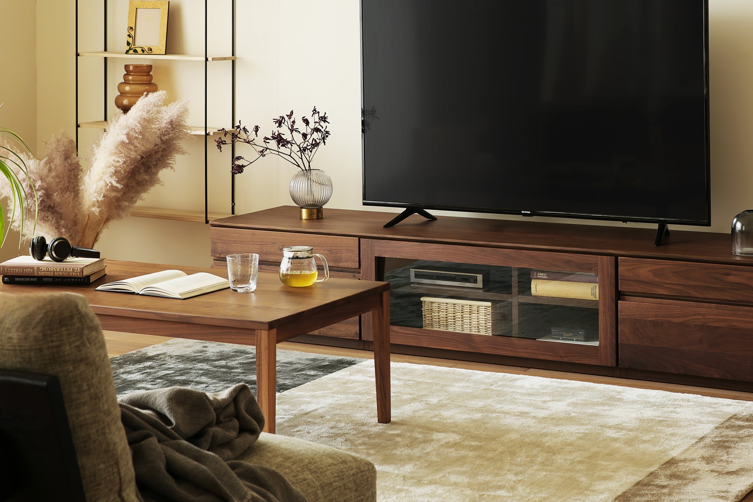 ASTER アスター TV SET5 ウォルナット (210天板 + 60TVチェスト + 90TVガラス扉 + 60TVチェスト)