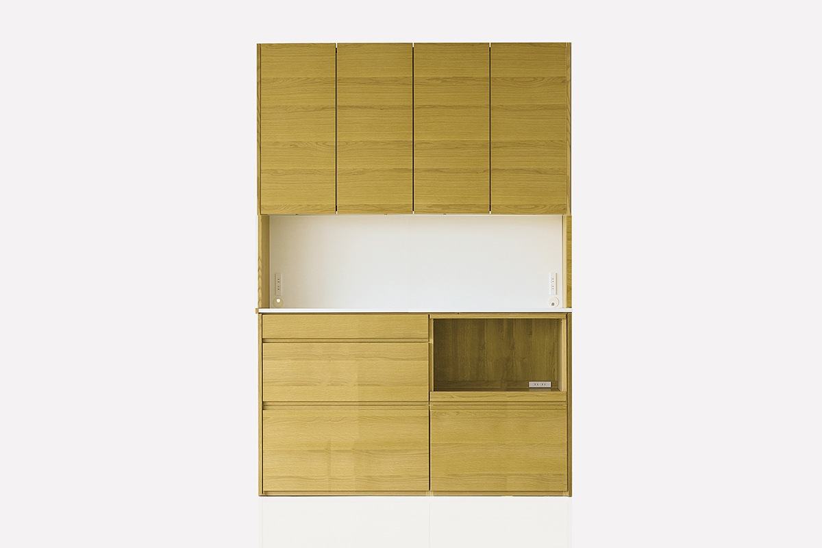 HARVEST SET8 オーダー天板 (幅154cm) + 下台用サイドパネル (左右セット) + 84 引出下台 + 70オープン下台 ＋ 上置き用バックパネル (154cm) + 上置き用高さオーダーサイドパネル (左右セット) ＋ 幅154cm 高さオーダー 4枚扉上置き オーク/ウォルナット