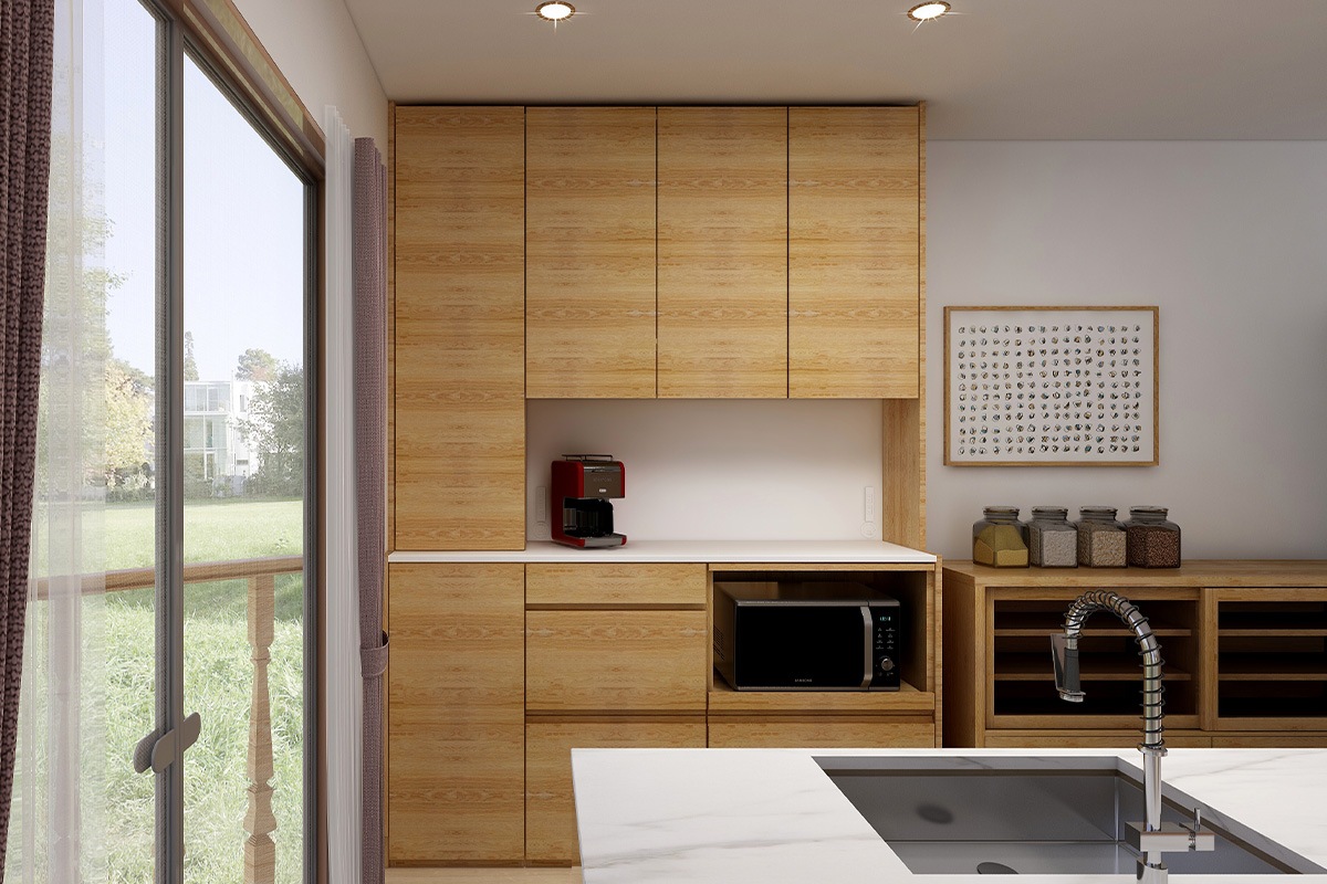 HARVEST SET9 オーダー天板 (幅166cm) + 下台用サイドパネル (左右セット) + 56引出下台 + 70オープン下台＋幅オーダーキャビネット下台 (幅40cm・右開き) + 上置き用バックパネル (幅126cm) + 上置き用高さオーダーサイドパネル (左右セット) + 幅126cm 高さオーダー 3枚扉上置き＋幅・高さオーダーキャビネット 上置き用 (幅40cm・右開き) オーク/ウォルナット