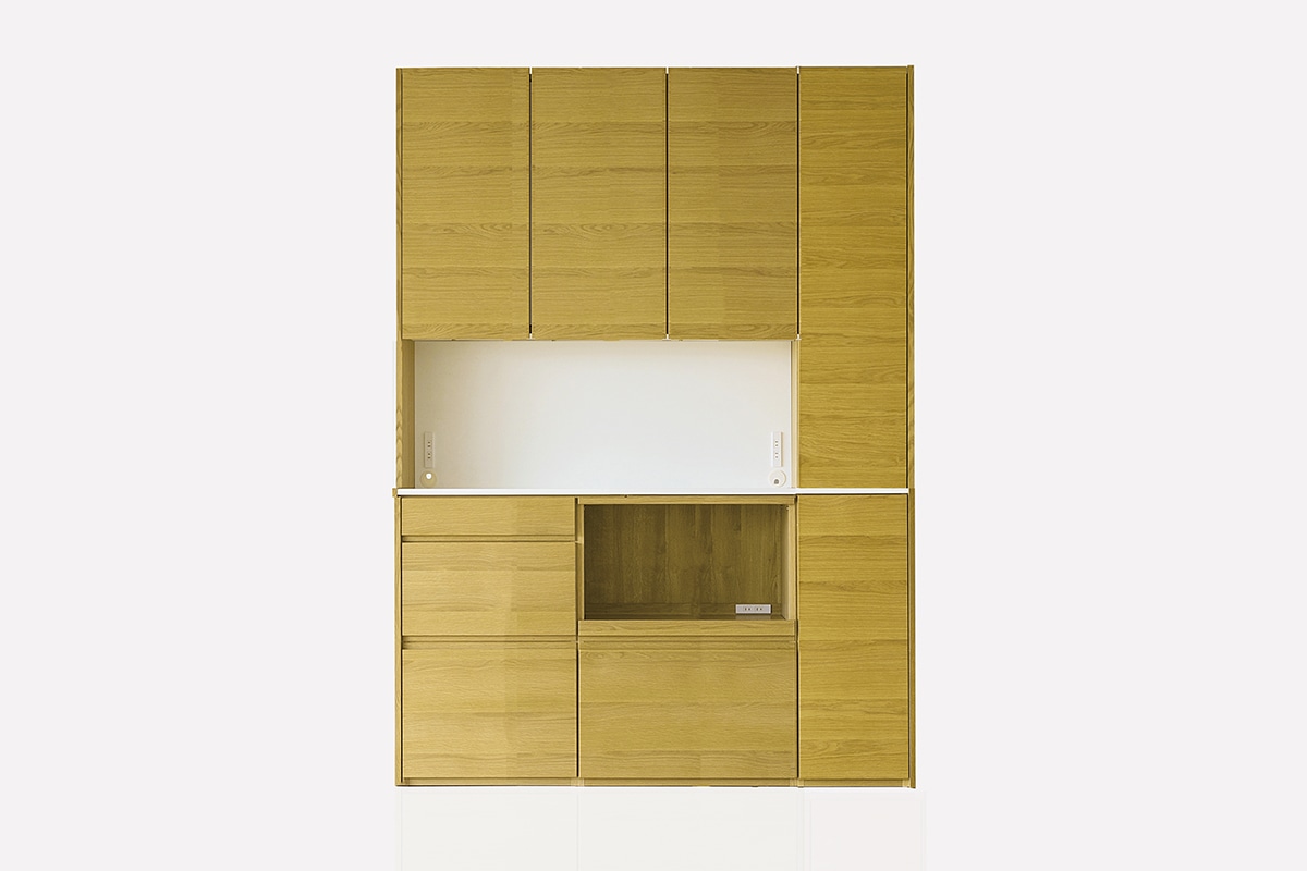 HARVEST SET9 オーダー天板 (幅166cm) + 下台用サイドパネル (左右セット) + 56引出下台 + 70オープン下台＋幅オーダーキャビネット下台 (幅40cm・右開き) + 上置き用バックパネル (幅126cm) + 上置き用高さオーダーサイドパネル (左右セット) + 幅126cm 高さオーダー 3枚扉上置き＋幅・高さオーダーキャビネット 上置き用 (幅40cm・右開き) オーク/ウォルナット