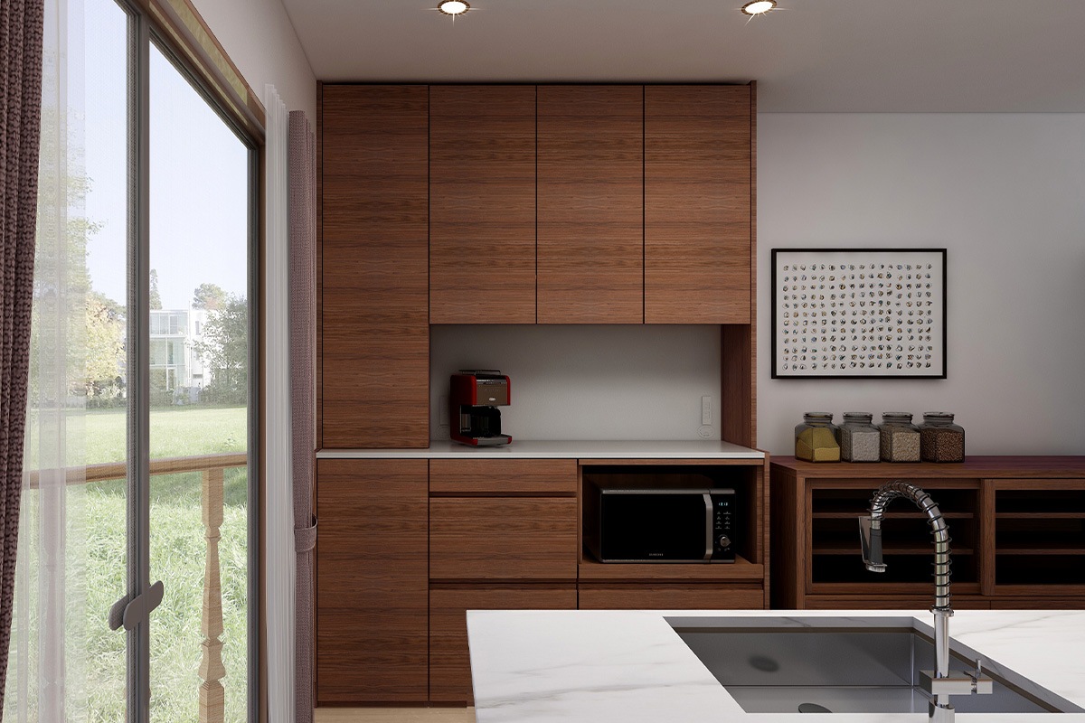 HARVEST SET9 オーダー天板 (幅166cm) + 下台用サイドパネル (左右セット) + 56引出下台 + 70オープン下台＋幅オーダーキャビネット下台 (幅40cm・右開き) + 上置き用バックパネル (幅126cm) + 上置き用高さオーダーサイドパネル (左右セット) + 幅126cm 高さオーダー 3枚扉上置き＋幅・高さオーダーキャビネット 上置き用 (幅40cm・右開き) オーク/ウォルナット