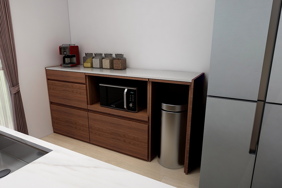 HARVEST SET5 オーダー天板 (幅196cm)＋下台用サイドパネル (左右セット) ＋ 70 引出下台＋ 84 オープン下台＋４２ダストボックス オーク/ウォルナット