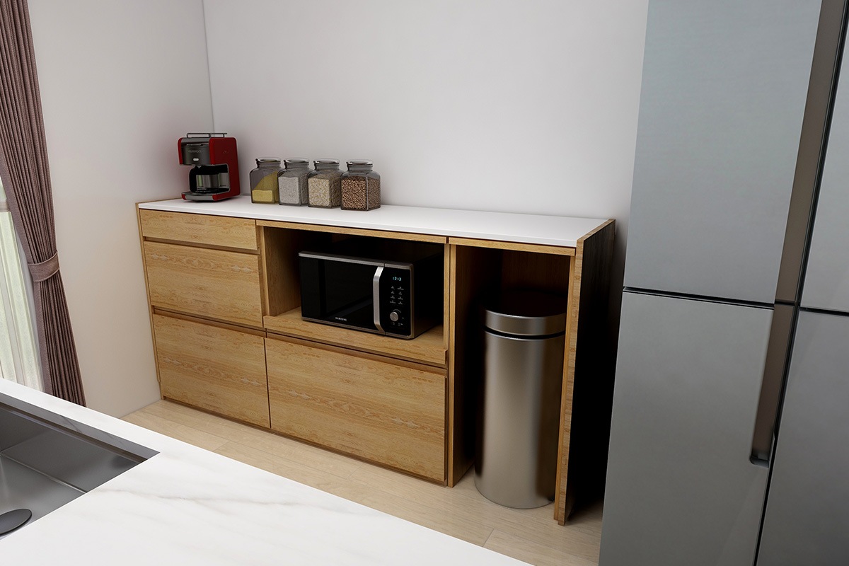 HARVEST SET5 オーダー天板 (幅196cm)＋下台用サイドパネル (左右セット) ＋ 70 引出下台＋ 84 オープン下台＋４２ダストボックス オーク/ウォルナット