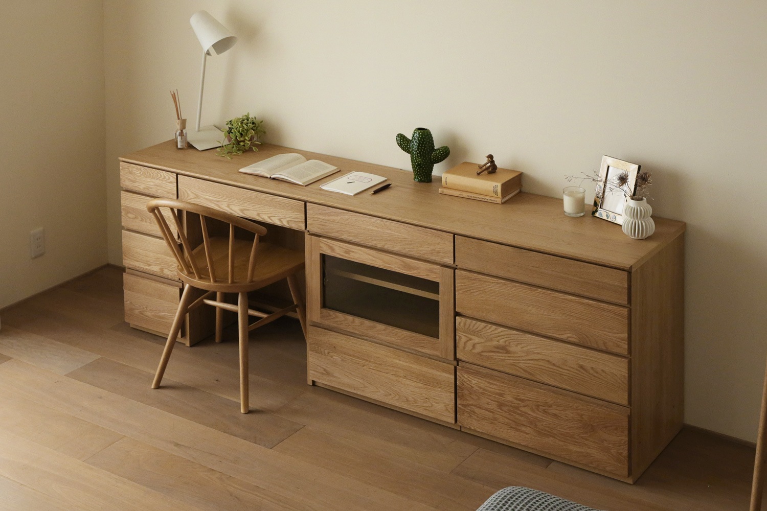 ASTER アスター DESK SET11 オーク (210天板 + 30チェスト + 60デスク + 60ガラス扉 + 60チェスト) ※チェア別売 