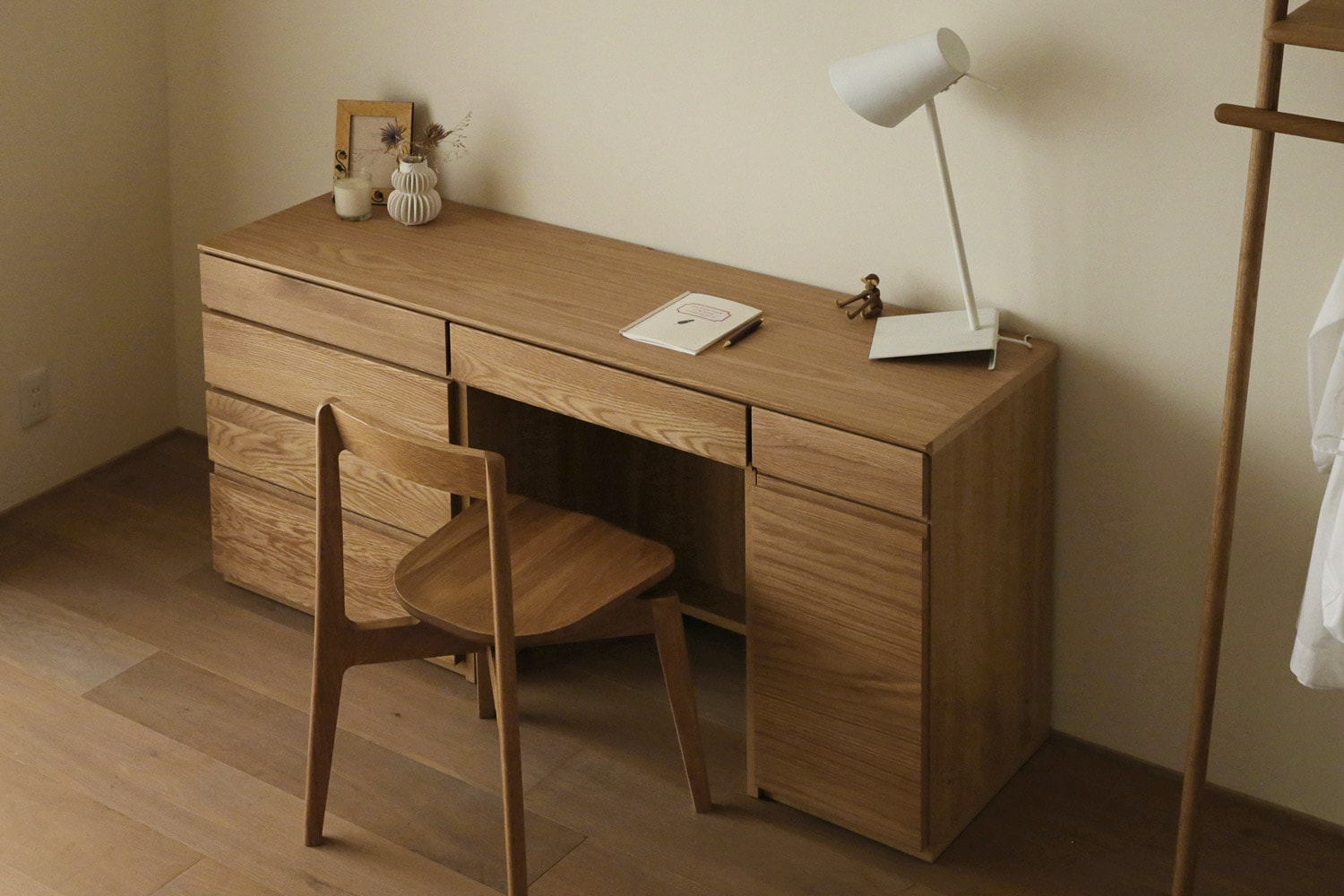 ASTER アスター DESK SET7 オーク (150天板 + 60チェスト + 60デスク + 30キャビネット(左開き・右開き) ※置きミラー・チェア別売