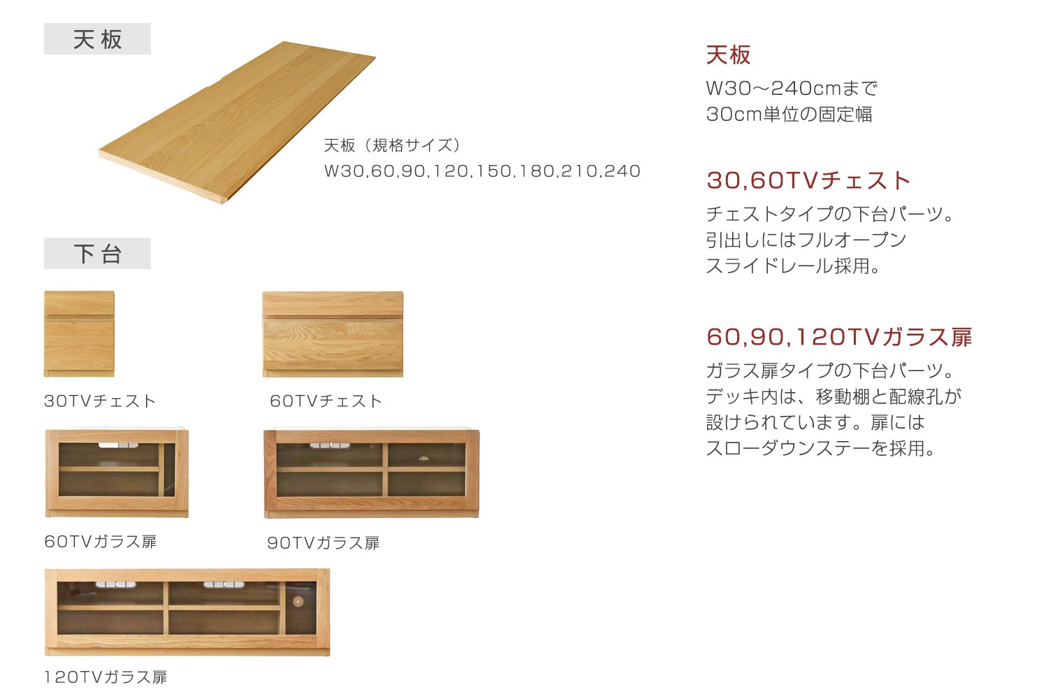 ASTER TV SET4 120TV天板 + 90TVガラス扉 + 30TVチェスト【オーク欠品中：4月中旬入荷予定】