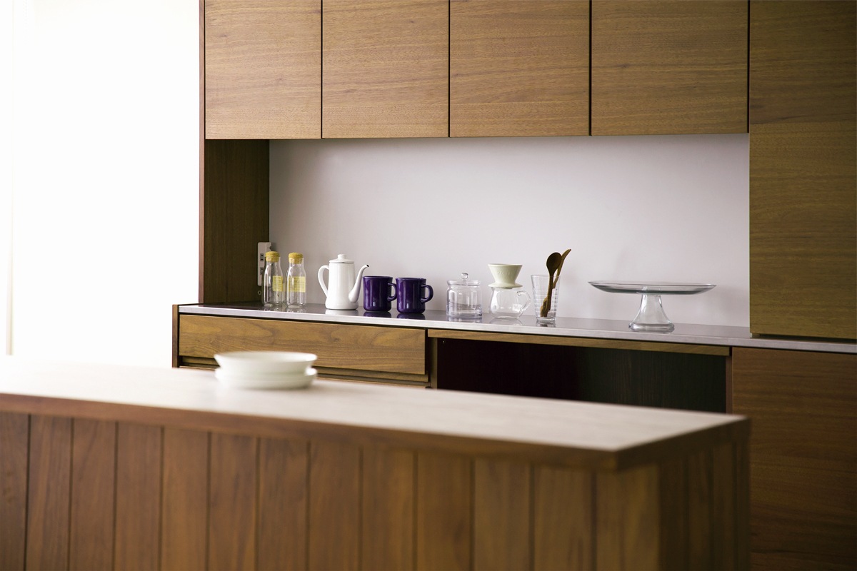 HARVEST SET10 オーダー天板 (幅208cm) + 下台用サイドパネル (左右セット) + 84引出下台 + 84オープン下台＋幅オーダーキャビネット下台 (幅40cm・右開き) + 上置き用バックパネル (幅168cm) + 上置き用高さオーダーサイドパネル (左右セット) + 幅168cm 高さオーダー ４枚扉上置き＋幅・高さオーダーキャビネット 上置き用 (幅40cm・右開き) オーク/ウォルナット