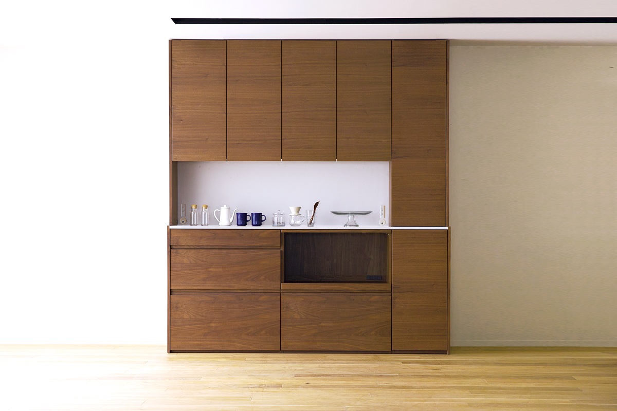 HARVEST SET10 オーダー天板 (幅208cm) + 下台用サイドパネル (左右セット) + 84引出下台 + 84オープン下台＋幅オーダーキャビネット下台 (幅40cm・右開き) + 上置き用バックパネル (幅168cm) + 上置き用高さオーダーサイドパネル (左右セット) + 幅168cm 高さオーダー ４枚扉上置き＋幅・高さオーダーキャビネット 上置き用 (幅40cm・右開き) オーク/ウォルナット