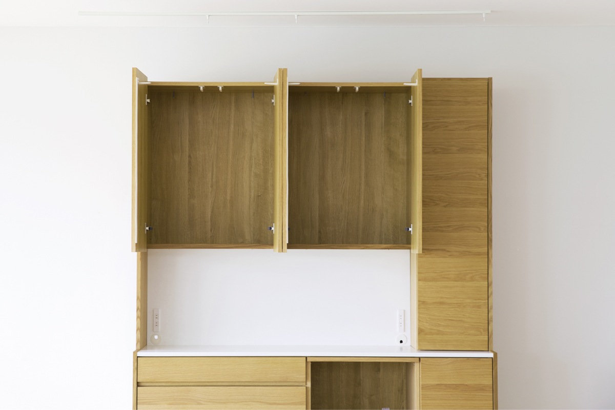 HARVEST SET10 オーダー天板 (幅208cm) + 下台用サイドパネル (左右セット) + 84引出下台 + 84オープン下台＋幅オーダーキャビネット下台 (幅40cm・右開き) + 上置き用バックパネル (幅168cm) + 上置き用高さオーダーサイドパネル (左右セット) + 幅168cm 高さオーダー ４枚扉上置き＋幅・高さオーダーキャビネット 上置き用 (幅40cm・右開き) オーク/ウォルナット