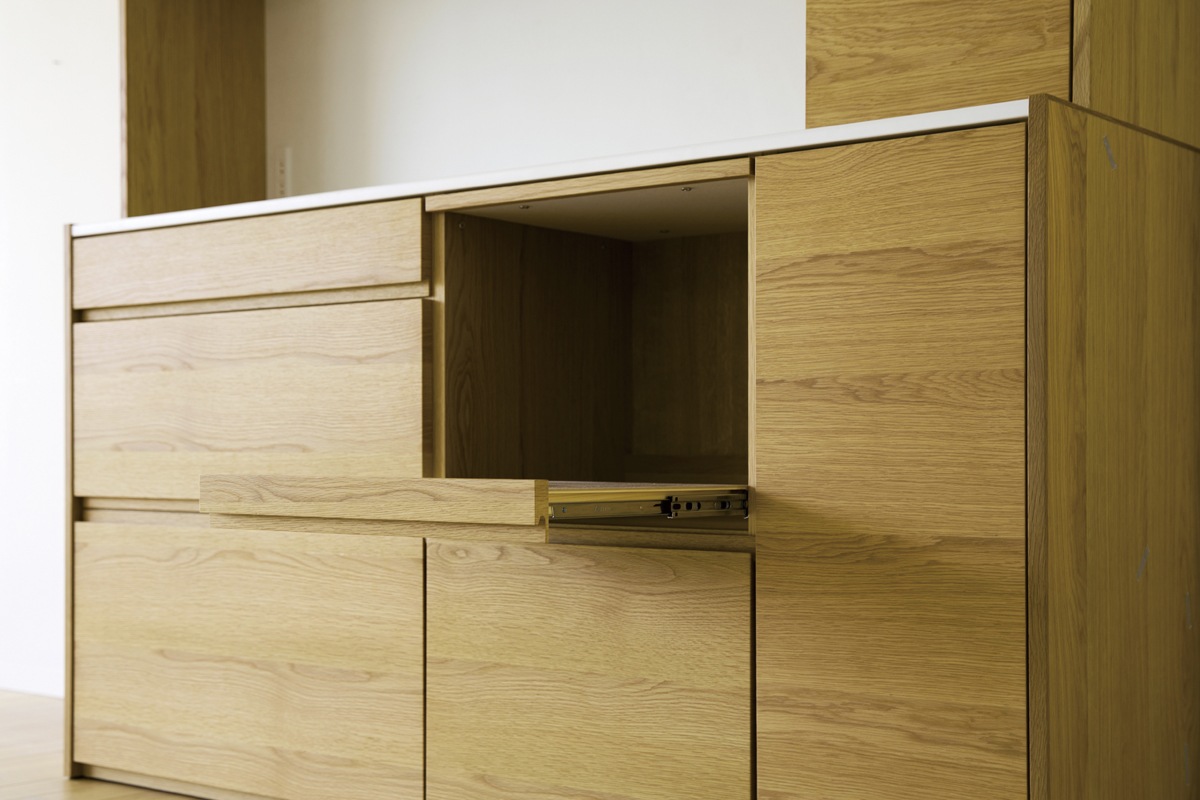 HARVEST SET10 オーダー天板 (幅208cm) + 下台用サイドパネル (左右セット) + 84引出下台 + 84オープン下台＋幅オーダーキャビネット下台 (幅40cm・右開き) + 上置き用バックパネル (幅168cm) + 上置き用高さオーダーサイドパネル (左右セット) + 幅168cm 高さオーダー ４枚扉上置き＋幅・高さオーダーキャビネット 上置き用 (幅40cm・右開き) オーク/ウォルナット