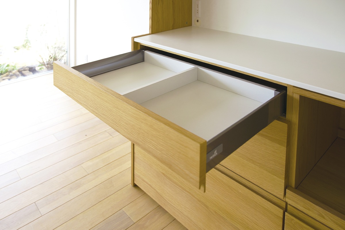 HARVEST SET10 オーダー天板 (幅208cm) + 下台用サイドパネル (左右セット) + 84引出下台 + 84オープン下台＋幅オーダーキャビネット下台 (幅40cm・右開き) + 上置き用バックパネル (幅168cm) + 上置き用高さオーダーサイドパネル (左右セット) + 幅168cm 高さオーダー ４枚扉上置き＋幅・高さオーダーキャビネット 上置き用 (幅40cm・右開き) オーク/ウォルナット