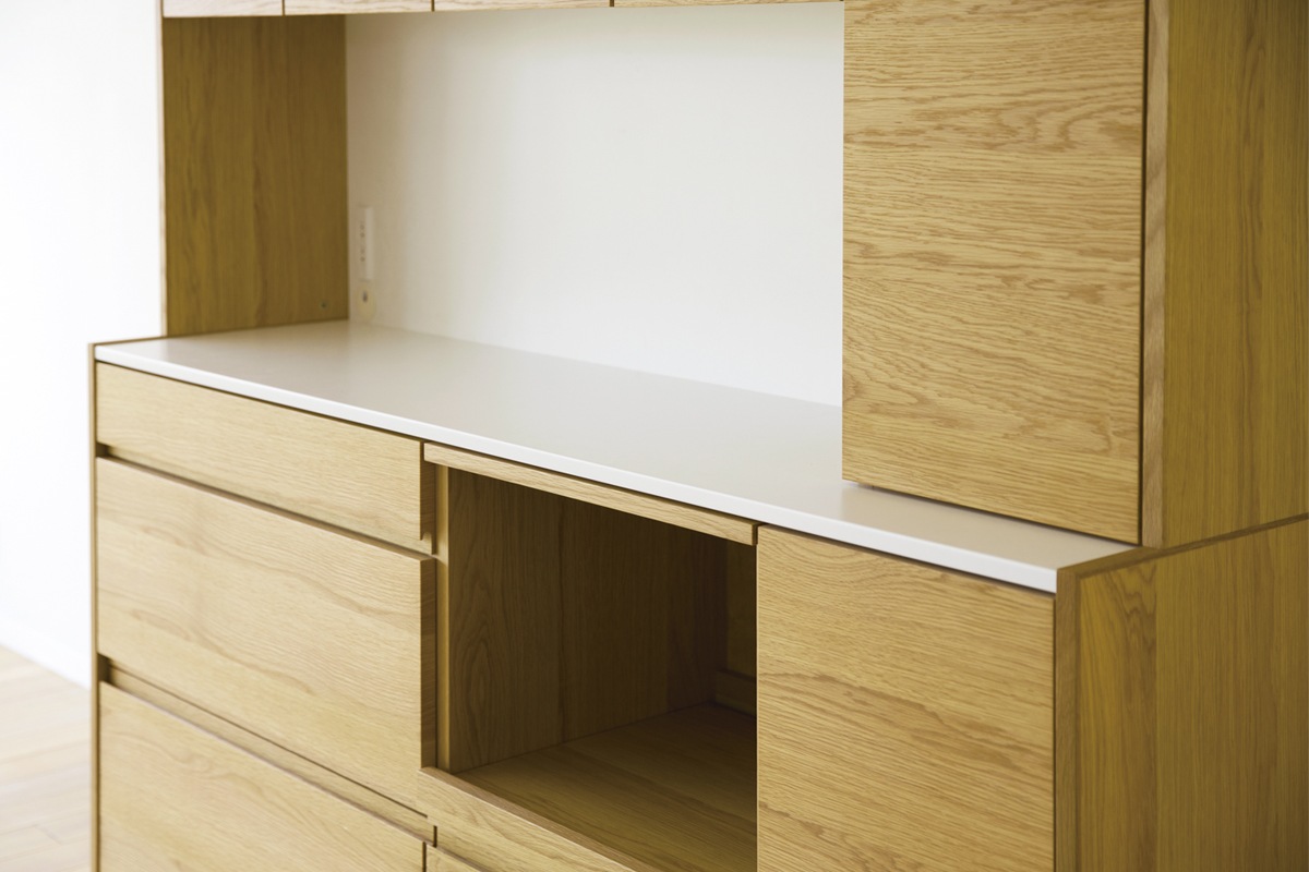 HARVEST SET10 オーダー天板 (幅208cm) + 下台用サイドパネル (左右セット) + 84引出下台 + 84オープン下台＋幅オーダーキャビネット下台 (幅40cm・右開き) + 上置き用バックパネル (幅168cm) + 上置き用高さオーダーサイドパネル (左右セット) + 幅168cm 高さオーダー ４枚扉上置き＋幅・高さオーダーキャビネット 上置き用 (幅40cm・右開き) オーク/ウォルナット