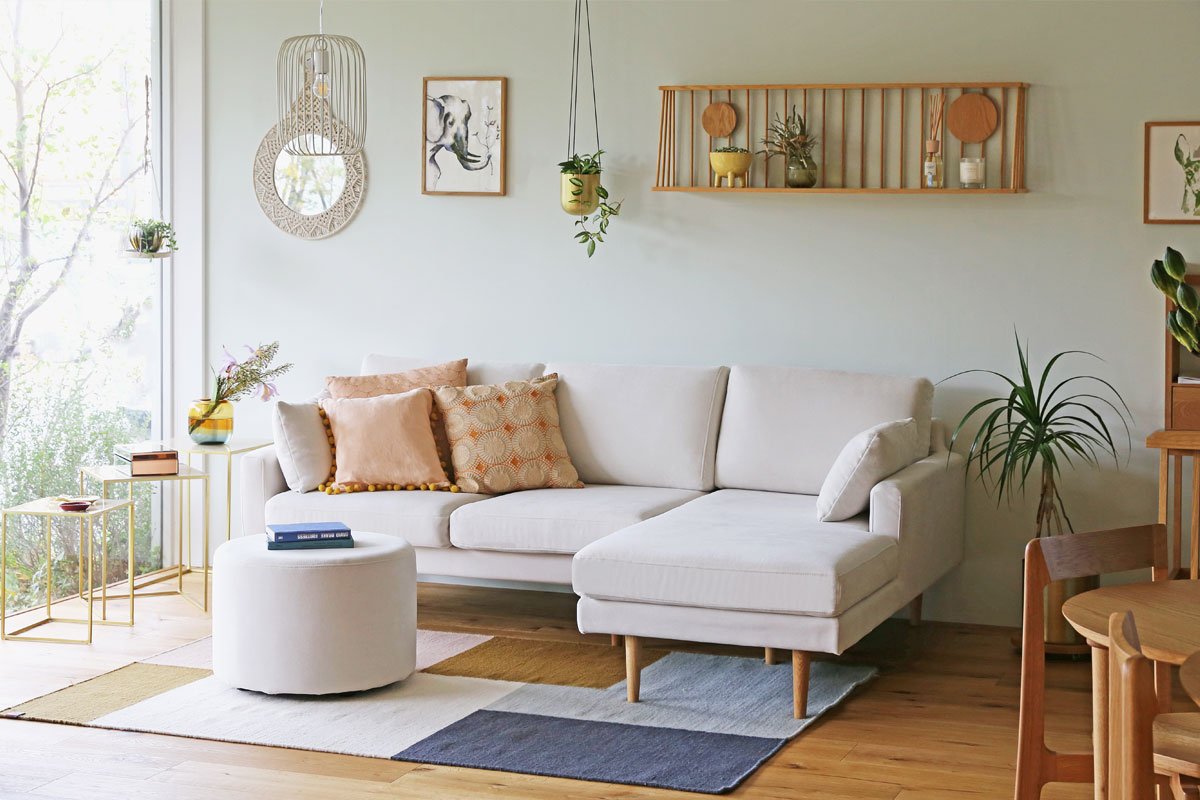 LEO SOFA カウチタイプ グレー 2人掛け（左肘）＋シェーズロング（右肘）　オーク脚/ウォルナット脚