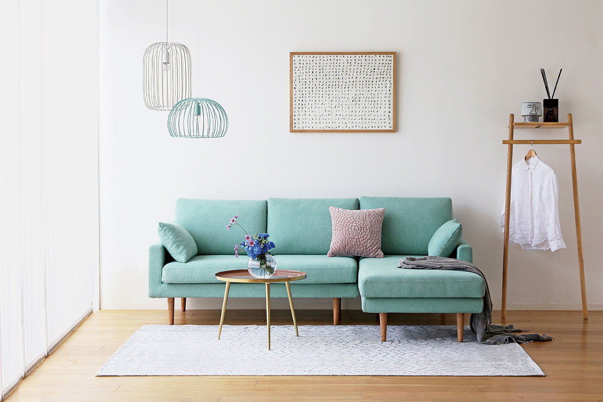 LEO SOFA カウチタイプ グレー 2人掛け（左肘）＋シェーズロング（右肘）　オーク脚/ウォルナット脚