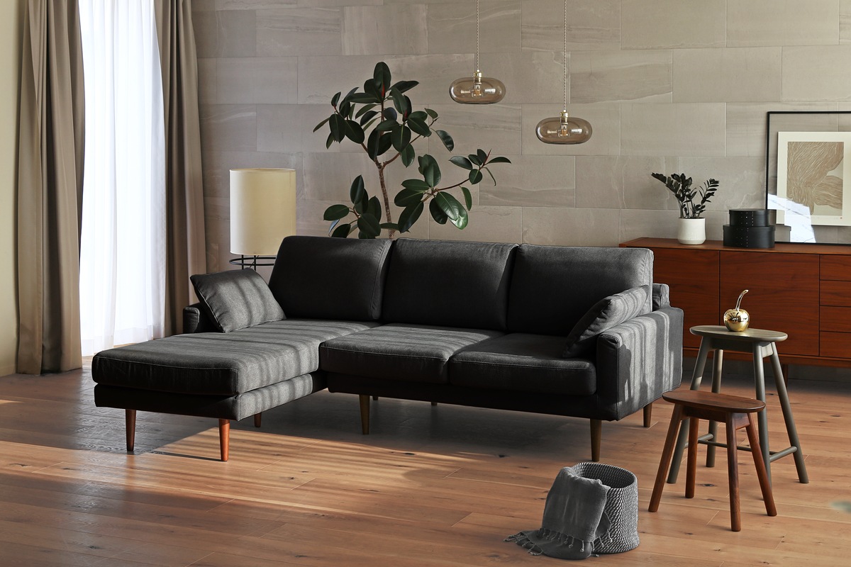 LEO SOFA カウチタイプ グレー 2人掛け（左肘）＋シェーズロング（右肘）　オーク脚/ウォルナット脚