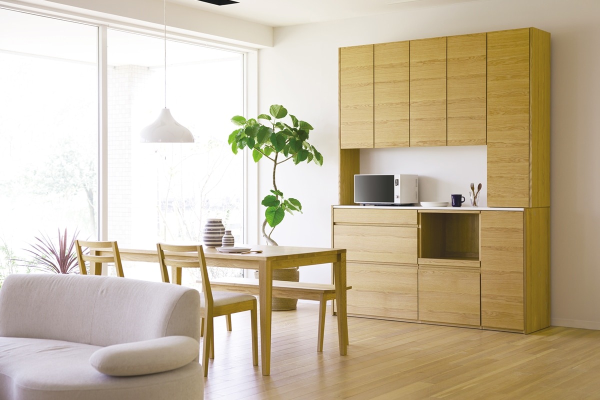 HARVEST SET6 オーダー天板(幅194cm) + 下台用サイドパネル (左右セット) + 84引出下台 + 70オープン下台 ＋ 幅オーダーキャビネット下台 (幅40cm・右開き) オーク/ウォルナット