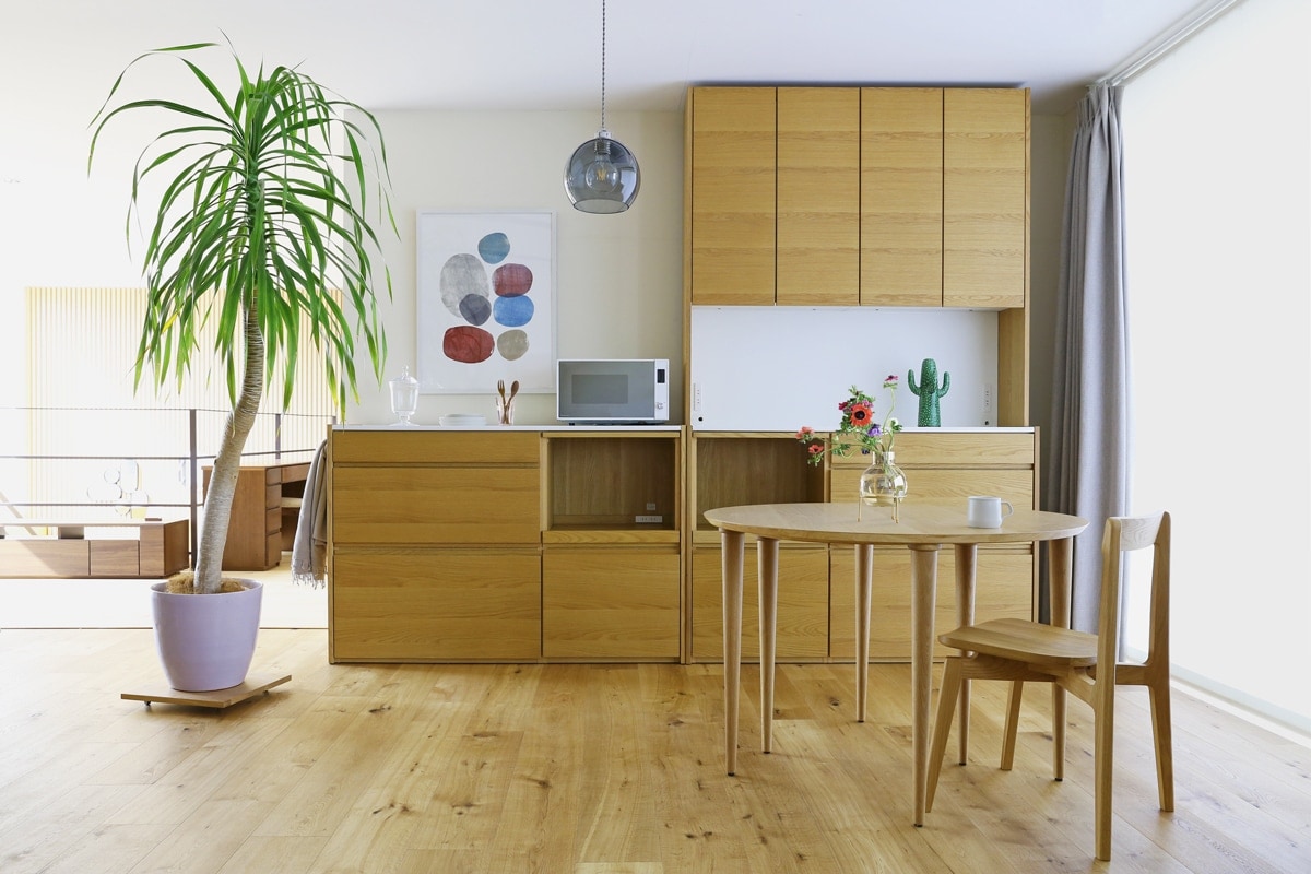 HARVEST SET6 オーダー天板(幅194cm) + 下台用サイドパネル (左右セット) + 84引出下台 + 70オープン下台 ＋ 幅オーダーキャビネット下台 (幅40cm・右開き) オーク/ウォルナット