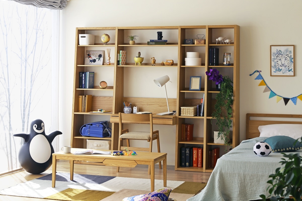 GALLE ガレ DESK SET6 オーク 幅233cm (65本棚(右加工あり) + 89学習デスクパーツ + 41本棚(左加工あり) + 35本棚パーツ + エンドパネル(右))