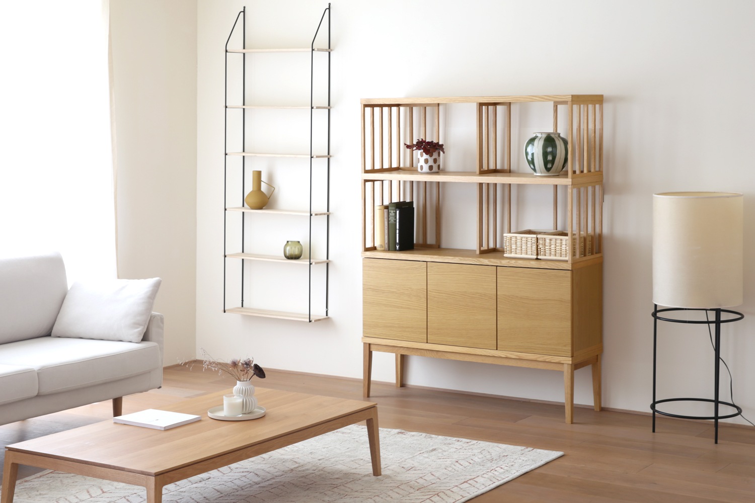 TONG SET6 オーク (W120天板 ＋ W120H32オープンラック ＋ W120棚板 ＋ W120H42オープンラック ＋ W120キャビネット ＋ W120棚付き脚)