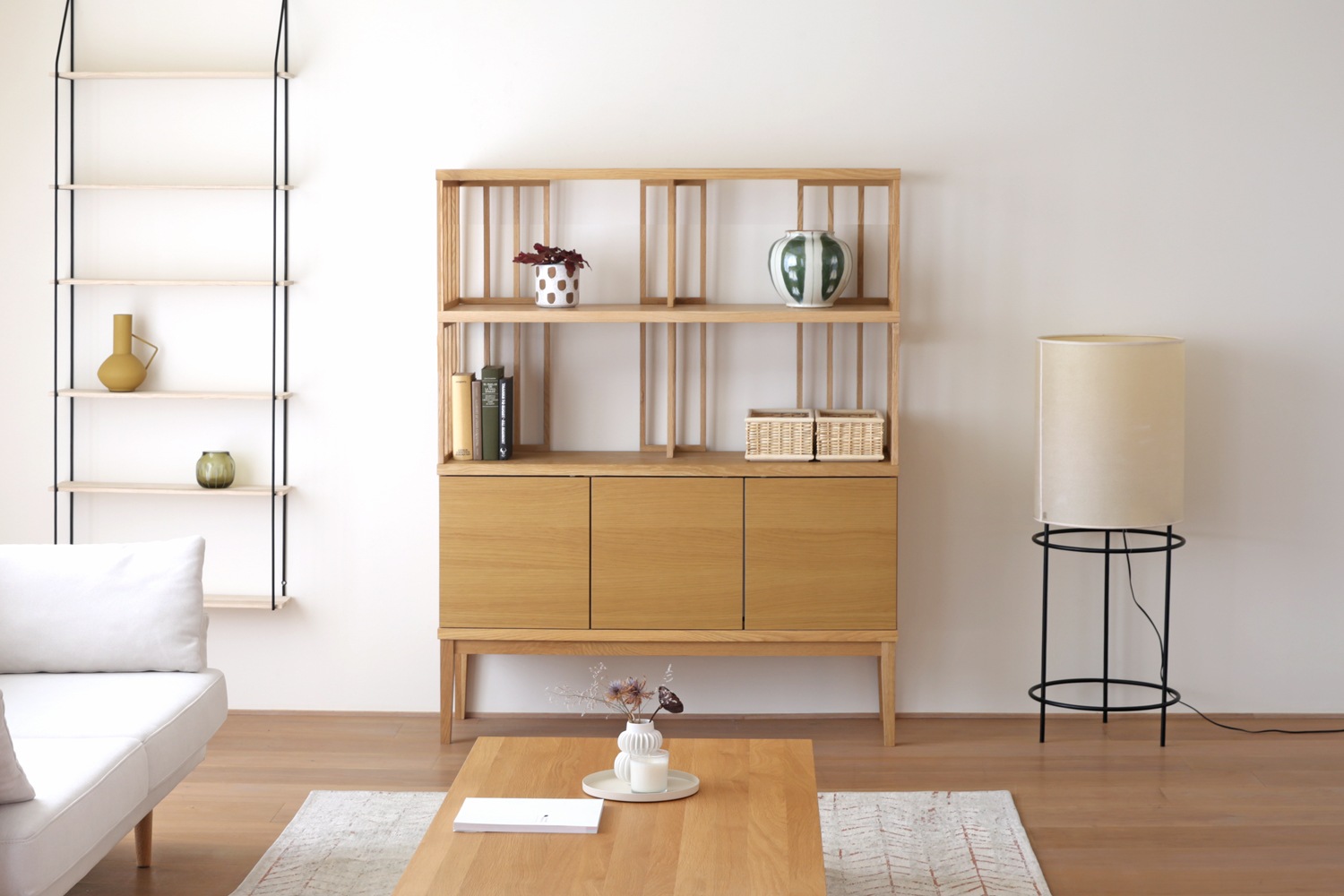 TONG SET6 オーク (W120天板 ＋ W120H32オープンラック ＋ W120棚板 ＋ W120H42オープンラック ＋ W120キャビネット ＋ W120棚付き脚)