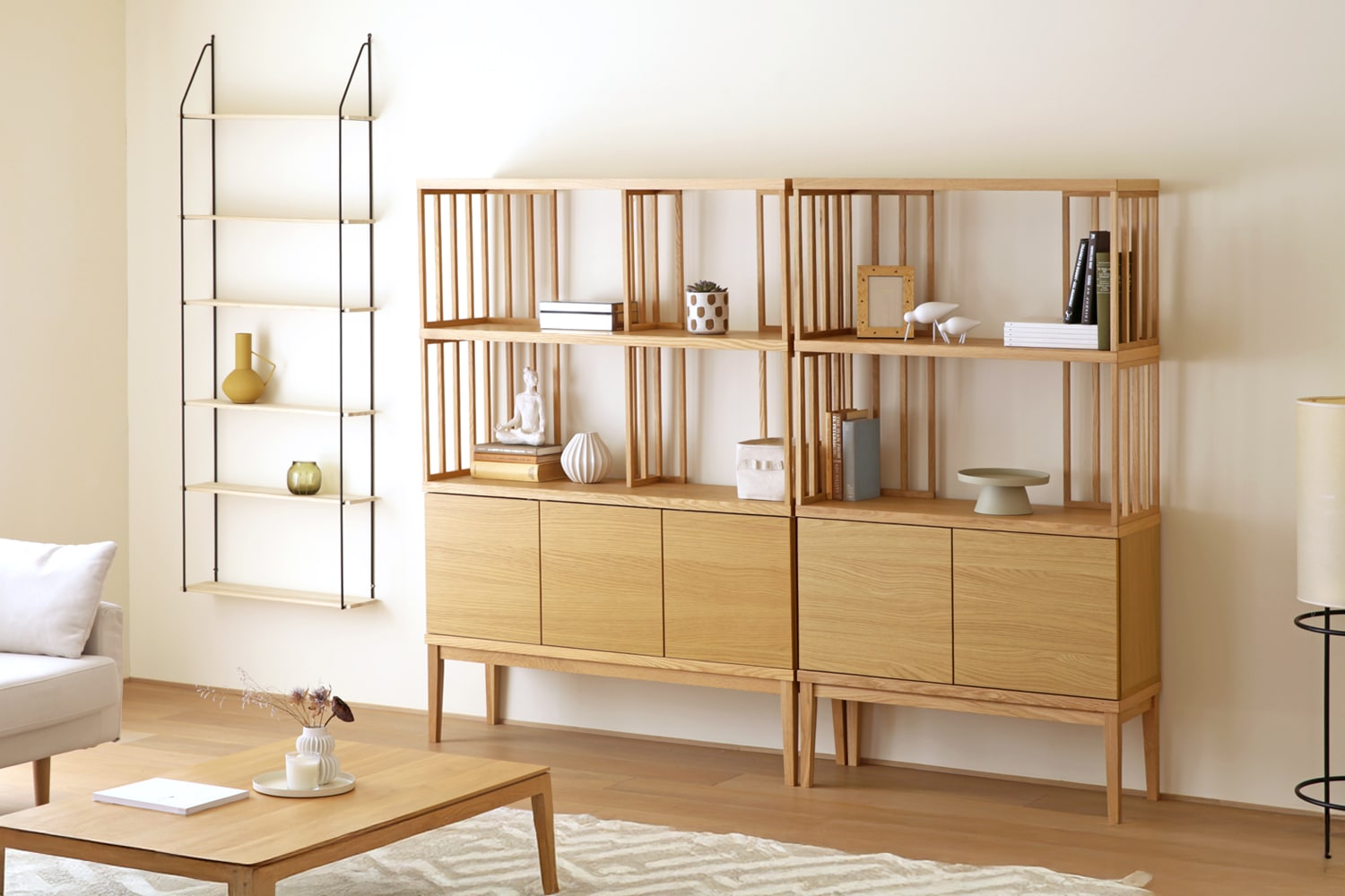 TONG SET6 オーク (W120天板 ＋ W120H32オープンラック ＋ W120棚板 ＋ W120H42オープンラック ＋ W120キャビネット ＋ W120棚付き脚)