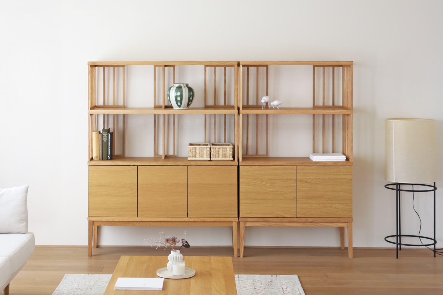 TONG SET6 オーク (W120天板 ＋ W120H32オープンラック ＋ W120棚板 ＋ W120H42オープンラック ＋ W120キャビネット ＋ W120棚付き脚)