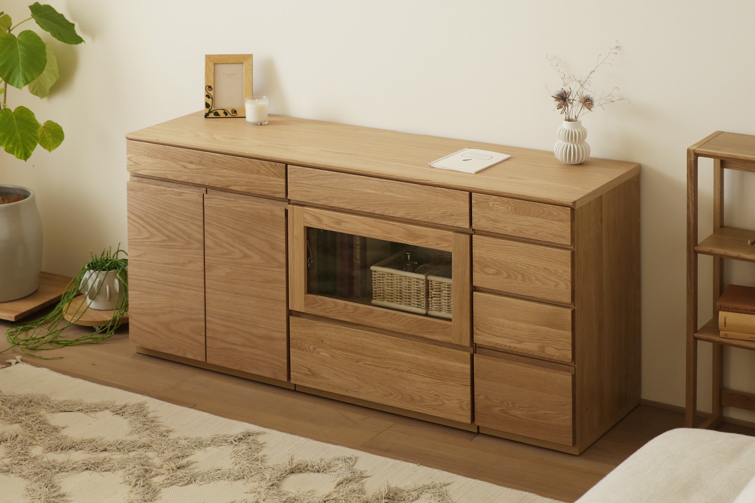 ASTER アスター LIVING SET5 オーク (150天板 + 60キャビネット + 60ガラス扉 + 30チェスト)