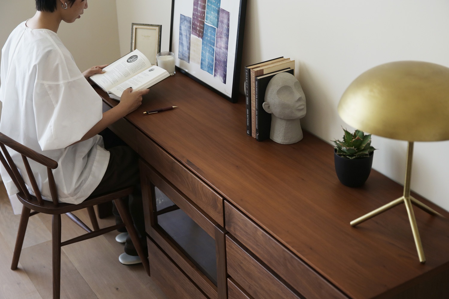 ASTER アスター DESK SET9 ウォルナット (180天板 + 60デスク ＋ 60ガラス扉 + 60チェスト) ※チェア別売