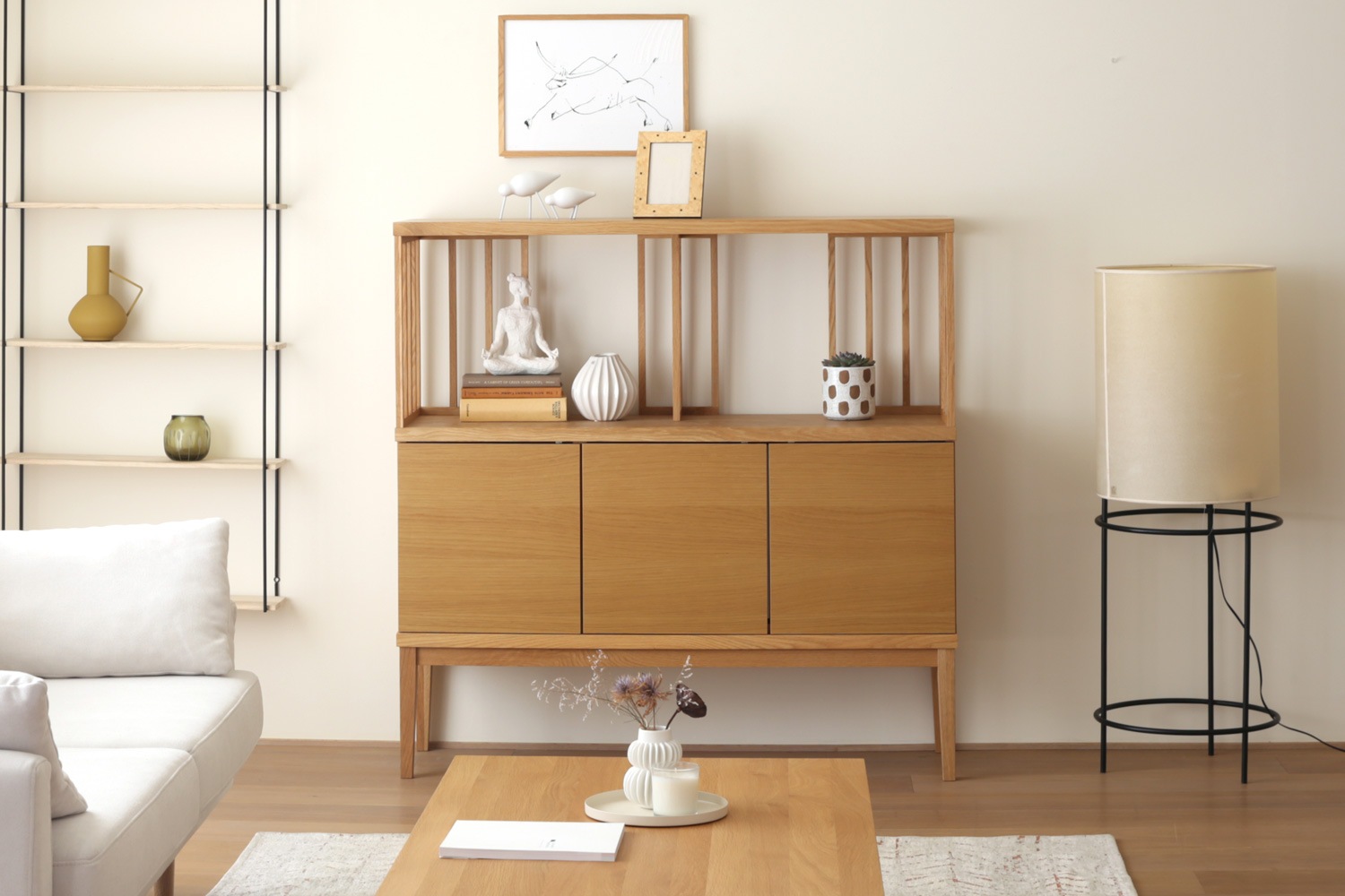 TONG SET5 オーク (W120天板 ＋ W120H42オープンラック ＋ W120キャビネット ＋ W120棚付き脚)