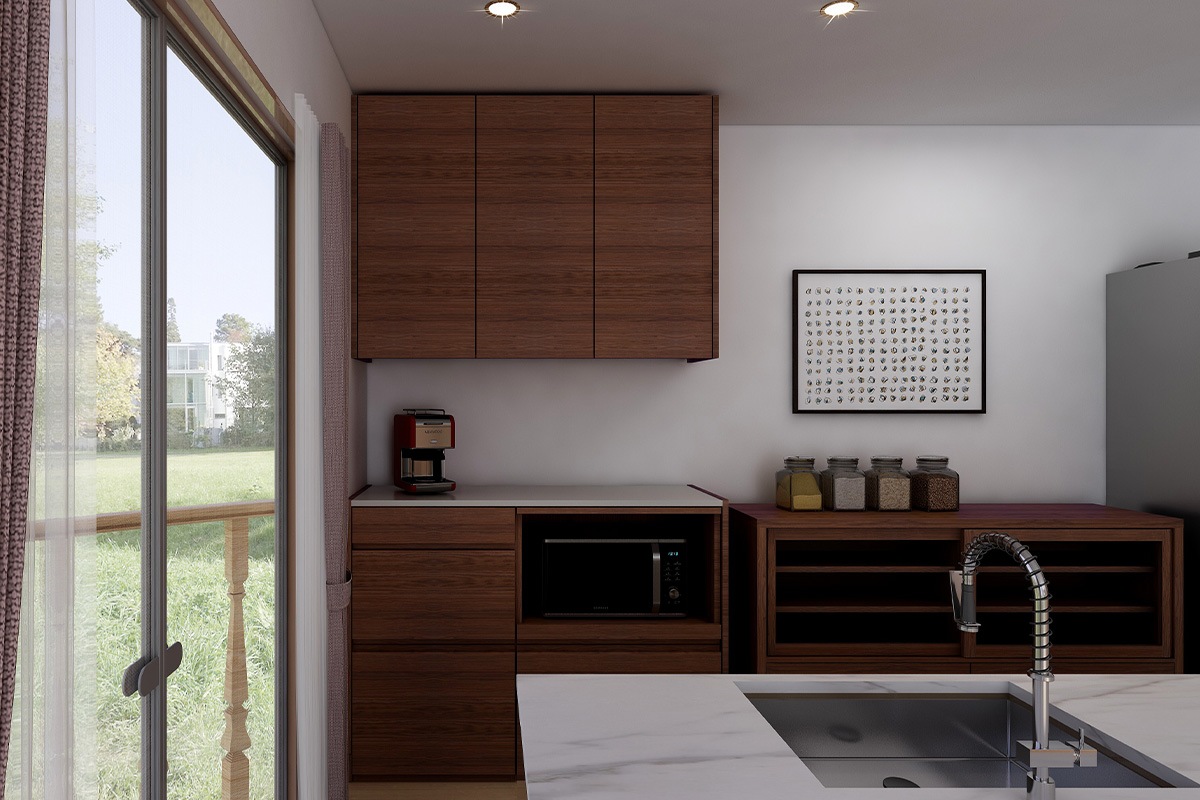 HARVEST SET11 オーダー天板 (幅126cm) + 下台用サイドパネル (左右セット) + 56引出下台 +70オープン下台 ＋ 上置き用高さオーダーサイドパネル (左右セット) + 幅126cm 高さオーダー 3枚扉上置き (吊り戸) オーク/ウォルナット