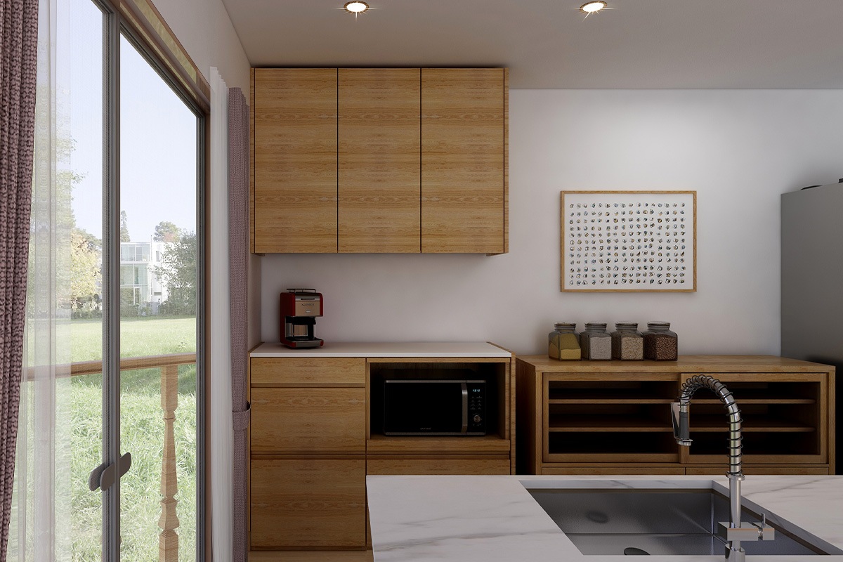 HARVEST SET11 オーダー天板 (幅126cm) + 下台用サイドパネル (左右セット) + 56引出下台 +70オープン下台 ＋ 上置き用高さオーダーサイドパネル (左右セット) + 幅126cm 高さオーダー 3枚扉上置き (吊り戸) オーク/ウォルナット